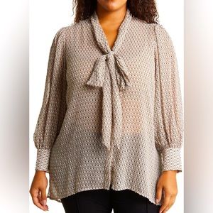 V-Neck Tunic Blouse Size S Tie Neck Long Sleeve Andrianna Papell